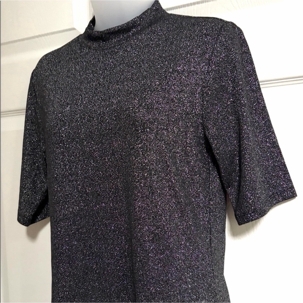 Skinnygirl Top Knit Metalic Mock Neck Short Sleeve Black Silver size Medium - Picture 2 of 11